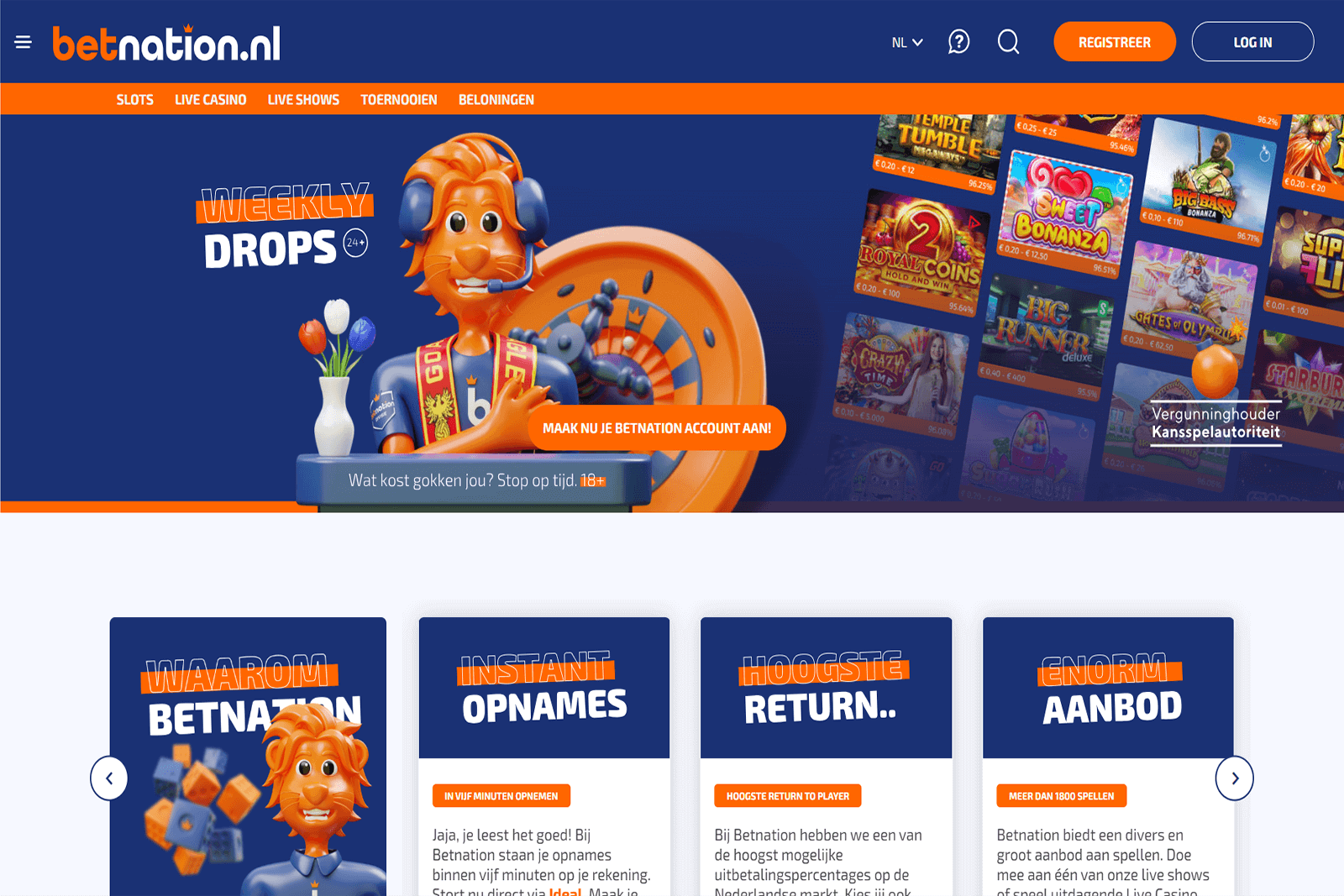 OnlineCasinoHEX.nl   Betnation Review. Bij Betnation staat spelers een opwindende spelervaring te wachten, waar je kunt genieten van diverse spellen, een welkomstbonus, en zelfs een wekelijkse cashback bonus. Of je nu een gokje wilt wagen bij live spellen zoals Crazy Time, gebruik wilt maken van de welkomstbonus of wilt genieten van de wekelijkse cashback, bij Betnation kun je altijd rekenen op een gevarieerd aanbod en een betrouwbare speelomgeving. Met spellen van Oryx Gaming en vele andere gelicenseerde spelmakers, kun je er zeker van zijn dat Betnation er alles aan doet om jouw speelervaring onvergetelijk te maken. Bovendien kun je gemakkelijk en veilig stortingen doen en je favoriete spellen spelen, terwijl Betnation zich onderscheidt van andere online casino's als een veelzijdige en betrouwbare online bookmaker. 